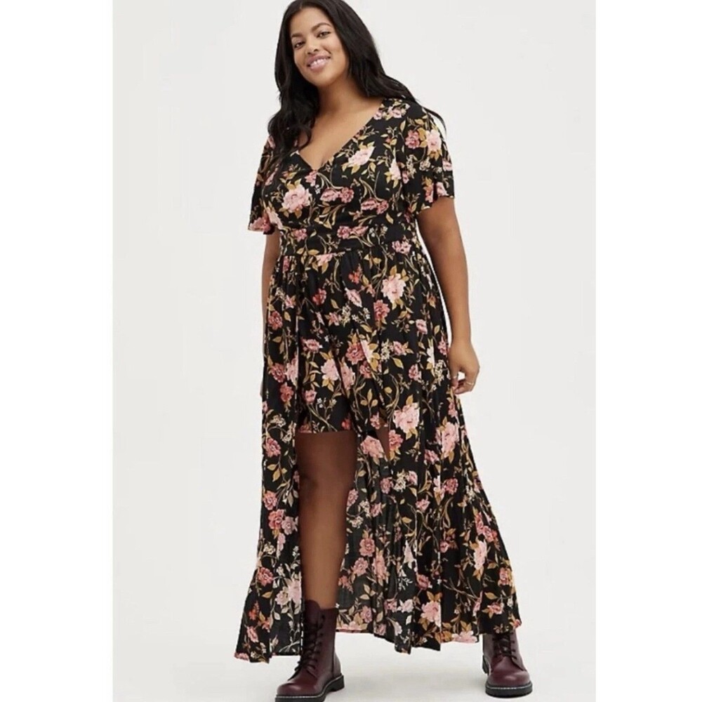 Torrid Walk Through Dress Romper Women Plus Size 20 Black Peach Floral V Neck BK